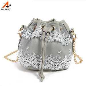 Bohemia Style Lady Lace Drawstring Bucket Bag Chain Shoulder Crossbody Bag