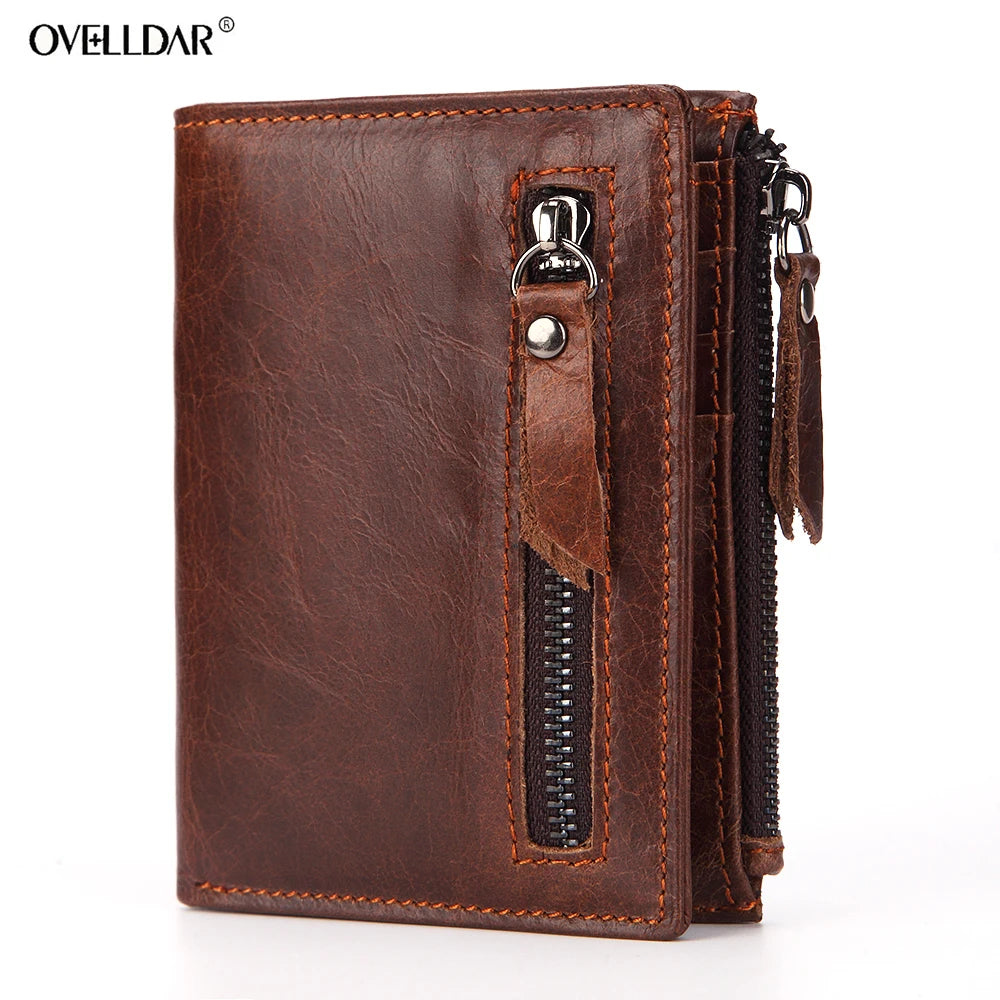 Cow Leather wallet RFID Men's short wallet Zipper bag Vintage Man Purse
