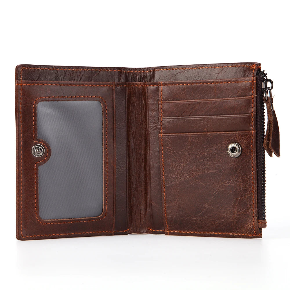 Cow Leather wallet RFID Men's short wallet Zipper bag Vintage Man Purse