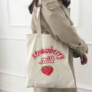 Canvas Strawberry Letter Print Large Shoulder Bag