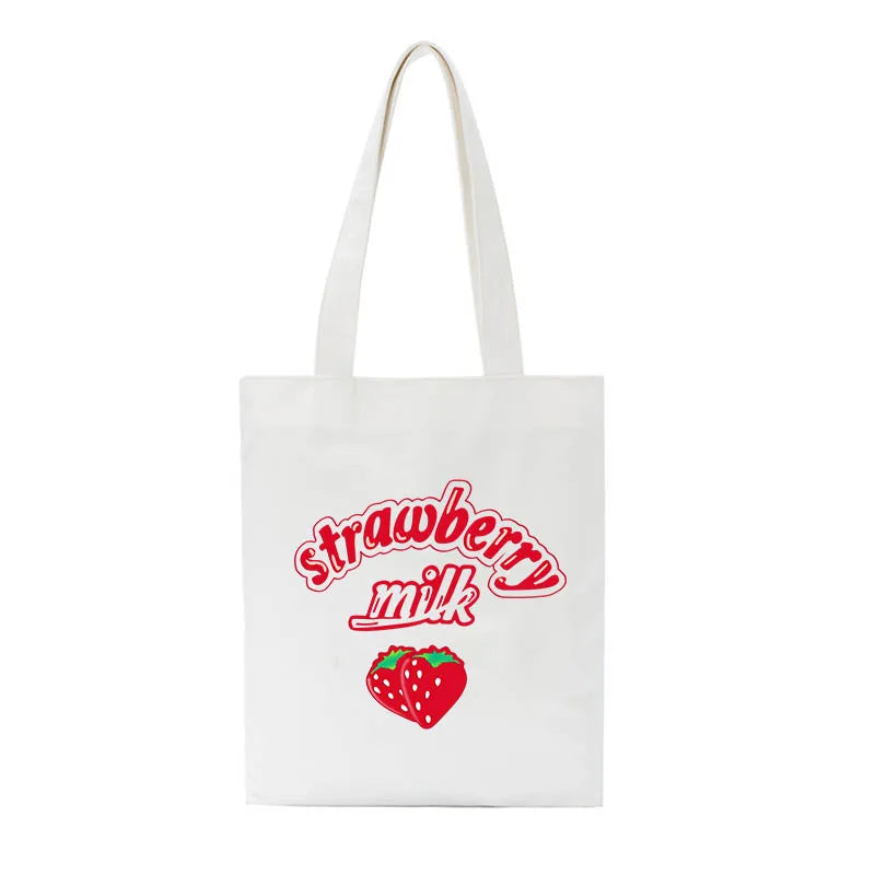 Canvas Strawberry Letter Print Large Shoulder Bag