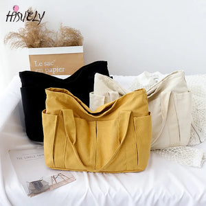 Canvas Multi-pockets Zipper Handbag for Student School Teacher Leisure Tote