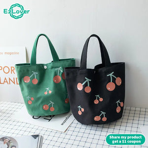 Canvas School Lunch Bag Women's Bucket Bag Portable Lunch Box Cherry Bag