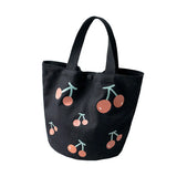 Canvas School Lunch Bag Women's Bucket Bag Portable Lunch Box Cherry Bag