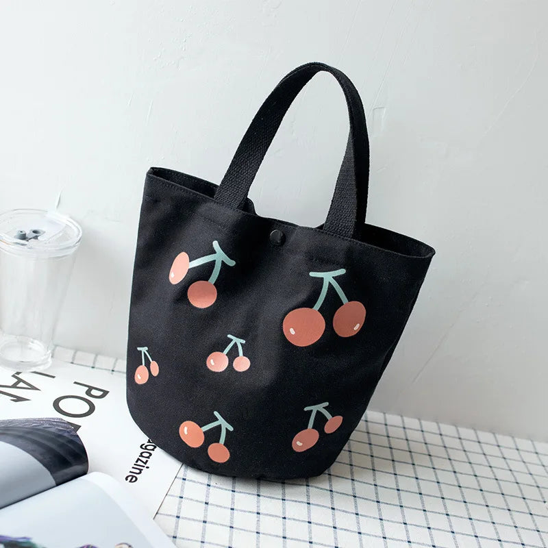Canvas School Lunch Bag Women's Bucket Bag Portable Lunch Box Cherry Bag