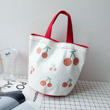 Canvas School Lunch Bag Women's Bucket Bag Portable Lunch Box Cherry Bag