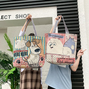 Cartoon Dogs Cats Canvas Tote Bag Big Size Shoulder Bag for Women Girls