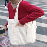 Canvas Zipper Handbag For Student School Multi-pockets Top-handle Bag