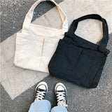 Canvas Zipper Handbag For Student School Multi-pockets Top-handle Bag