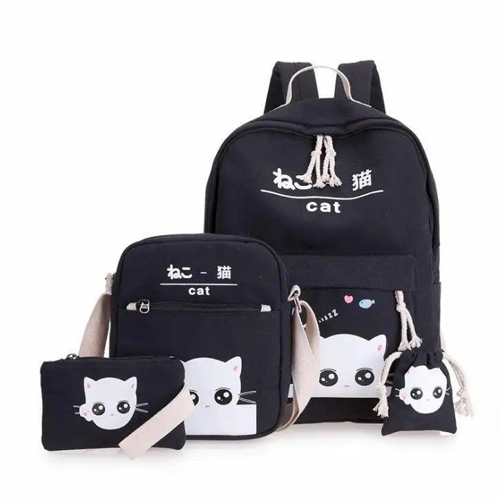 Cat Expression Canvas Backpack Set for Students