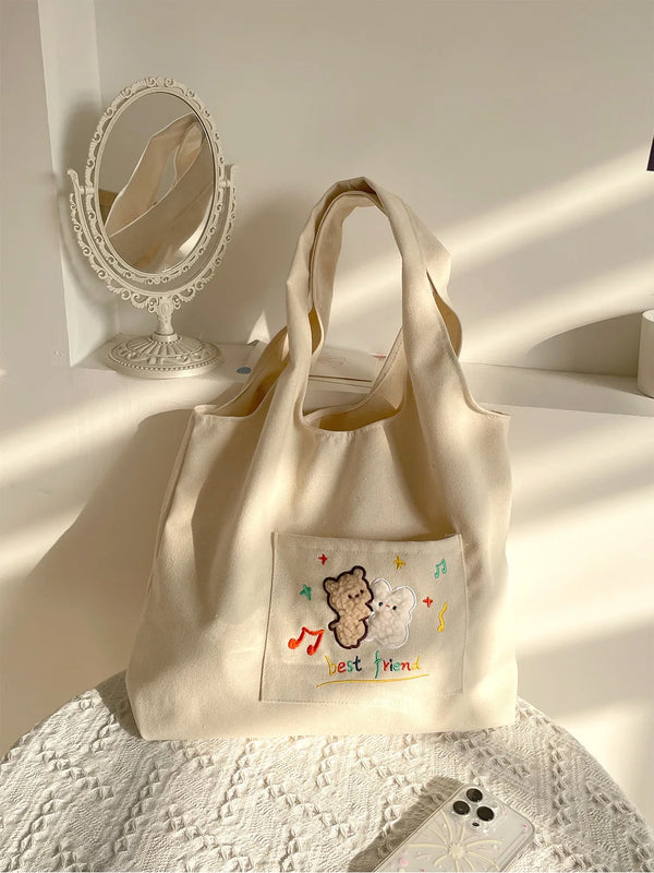 Cartoon Embroidery Canvas Shoulder Bag Large Capacity Tote Handbag