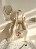 Cartoon Embroidery Canvas Shoulder Bag Large Capacity Tote Handbag