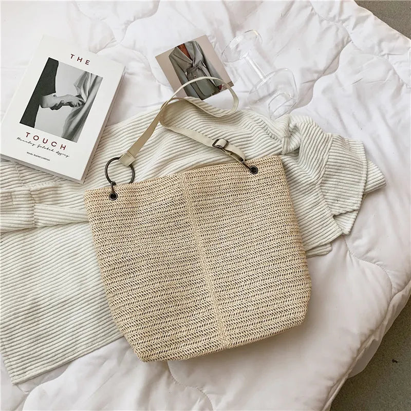 Casual Large Capacity Tote Women Straw Handbags Woven Lady Shoulder Bags