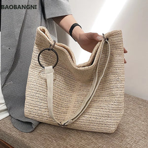 Casual Large Capacity Tote Women Straw Handbags Woven Lady Shoulder Bags