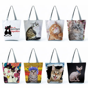 Cat Print Handbags For Women Foldable Large Capacity Shoulder Bag