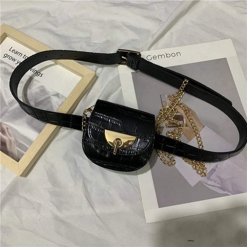 Chain Fanny Pack Women Leather Waist Bag Chest Pack Female Belt Bags