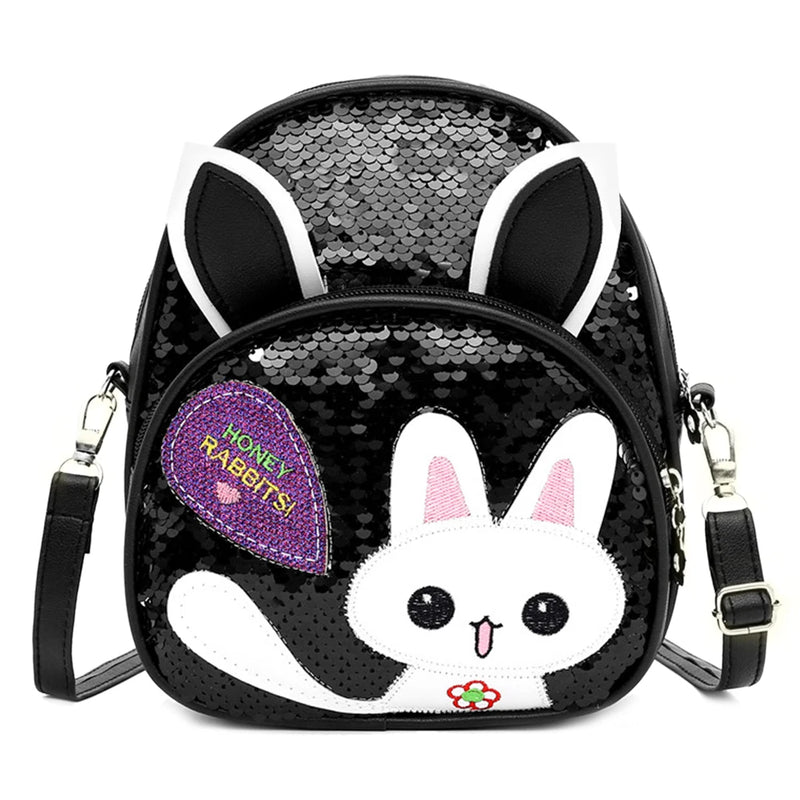 Girls Rabbit Ear Sequins Backpack Kids PU Leather Book Bag