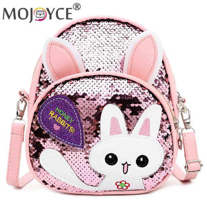 Girls Rabbit Ear Sequins Backpack Kids School PU Leather Book Bags