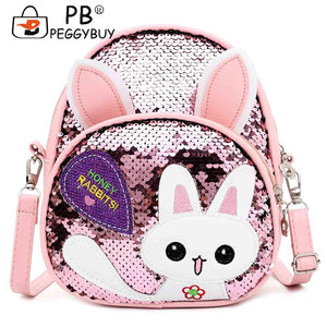 Girls Rabbit Ear Sequins Backpack Kids PU Leather Book Bag