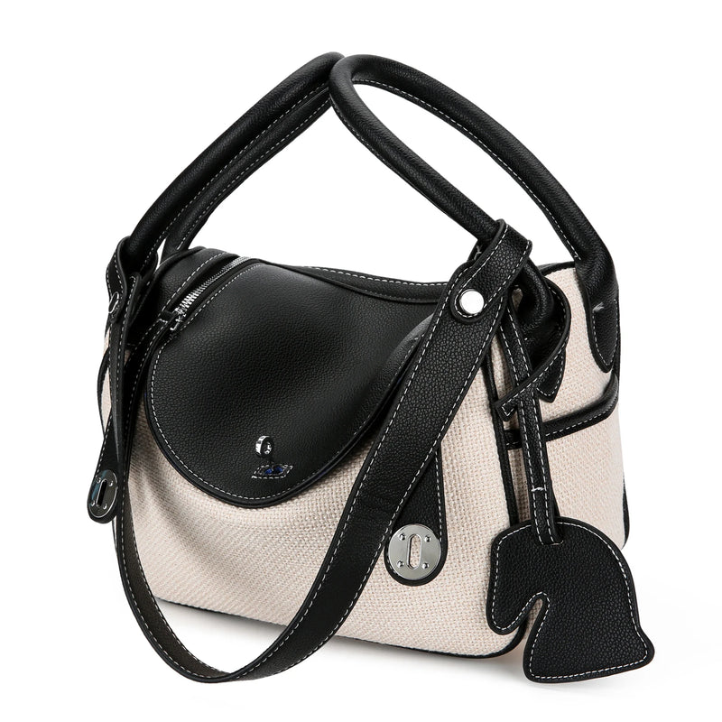Classic Women Canvas PU Leather Patchwork Tote Bag Retro Handbags
