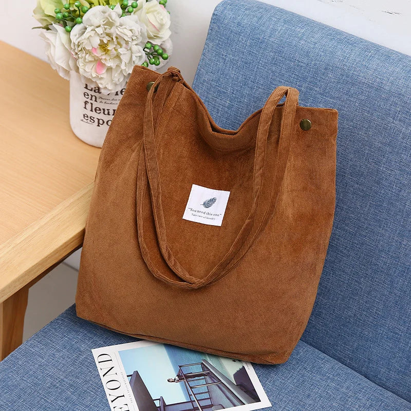 Corduroy Shoulder Bag for Women Cotton Cloth Eco Shopping Bag