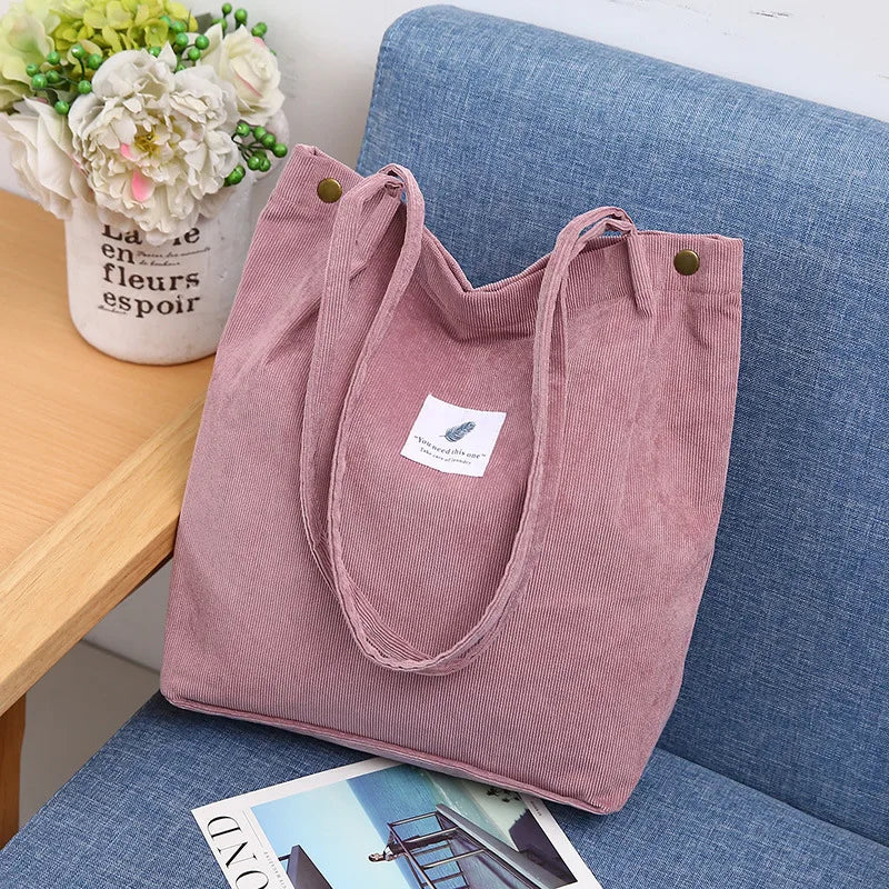 Corduroy Shoulder Bag for Women Cotton Cloth Eco Shopping Bag