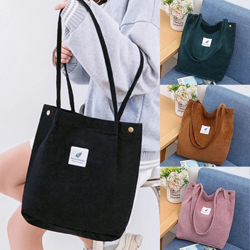 Corduroy Shoulder Bag for Women Cotton Cloth Eco Shopping Bag