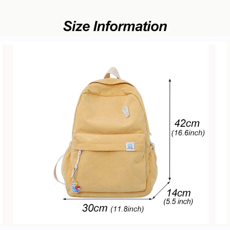 Women Corduroy Backpack Schoolbag Travel Rucksack Mochila