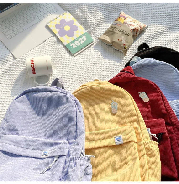 Women Corduroy Backpack Schoolbag Travel Rucksack Mochila