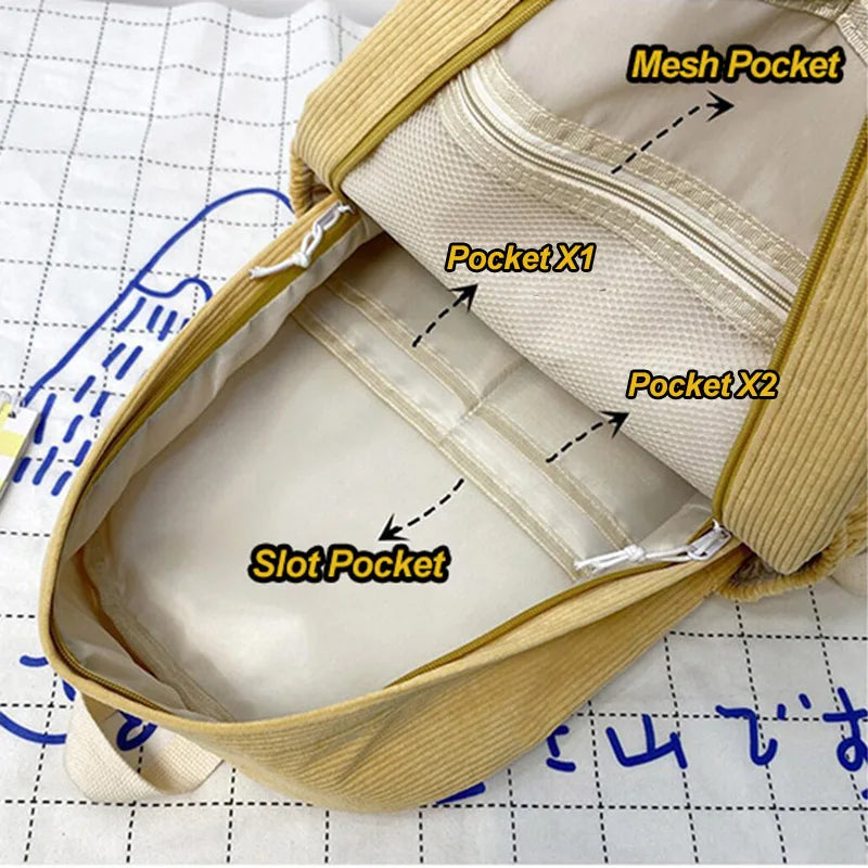 Women Corduroy Backpack Schoolbag Travel Rucksack Mochila