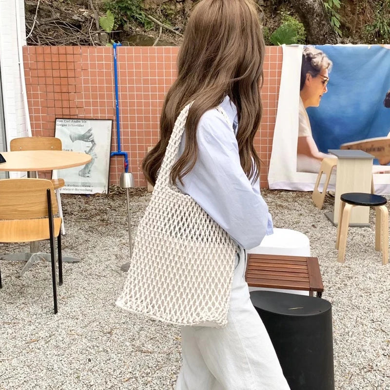 Cotton Thread Knit Women Handbags Hollow Out Net Tote Bag