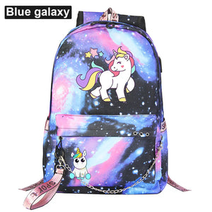 Rainbow Horse Boys Girls Kids School Book Bags Women USB Chain Backpack Canvas M