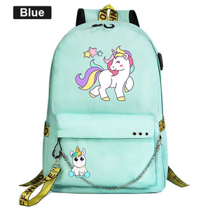 Rainbow Horse Boys Girls Kids School Book Bags Women USB Chain Backpack Canvas M