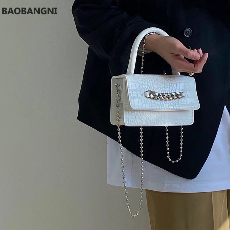 Vintage Crocodile Pattern Chain Crossbody Messenger Bag Small Flap Handbags