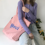 Women French Print Canvas Shoulder Bag Eco-Friendly Tote