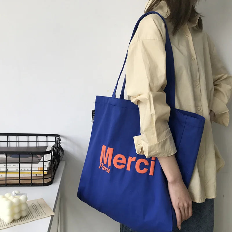 Women French Print Canvas Shoulder Bag Eco-Friendly Tote