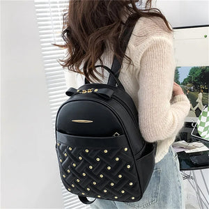 Leather Backpack for Women School Bag Retro Rivet Pocket Bag