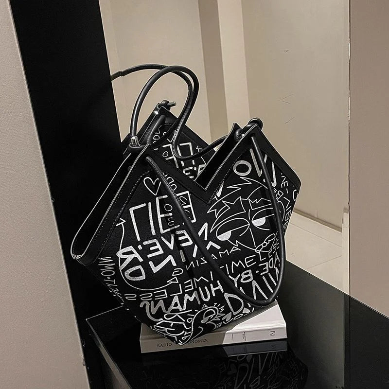 Graffiti Printed Canvas Shoulder Bag for Women