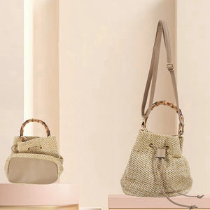 Women's Straw Bucket Bag Woven Shoulder Bags Shopping Purse Beach Handbag