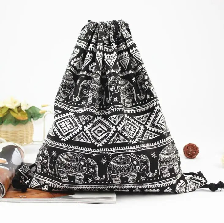 Elephant Retro Canvas Bag Shoulder Backpack Small Fresh Drawstring Bag Women's B