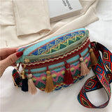 Ethnic Style Lady Saddle Bag Retro Tassel Small Bag Wide Shoulder Strap Chest Ba