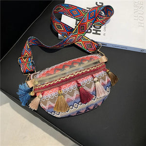 Ethnic Style Lady Saddle Bag Retro Tassel Small Bag Wide Shoulder Strap Chest Ba