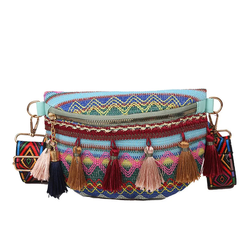 Ethnic Style Lady Saddle Bag Retro Tassel Small Bag Wide Shoulder Strap Chest Ba