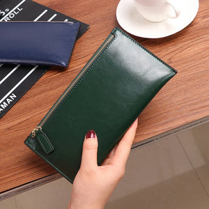 Women's Oil wax Long Wallet Zipper Leather Thin Soft Leather Wallet