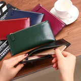 Women's Oil wax Long Wallet Zipper Leather Thin Soft Leather Wallet