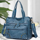 Vintage Denim Soft Pu Leather Handbags Large Capacity Tote Bag