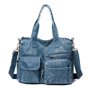 Vintage Denim Soft Pu Leather Handbags Large Capacity Tote Bag