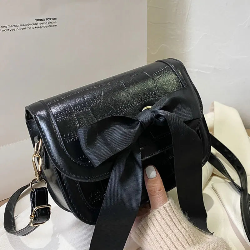 Fashion Bowknot Handbag Pu Leather Shoulder Bag Stone Prints Crossbody Purse
