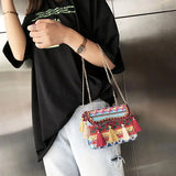 Bohemia Style Rattan Beach Bag Woven Square Straw Tassel Handbag