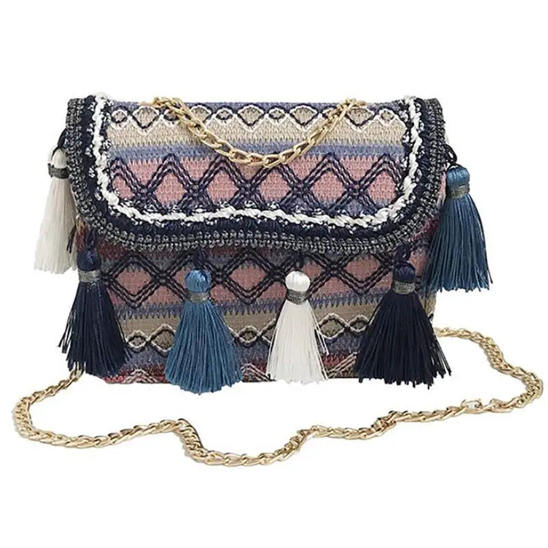 Bohemia Style Rattan Beach Bag Woven Square Straw Tassel Handbag